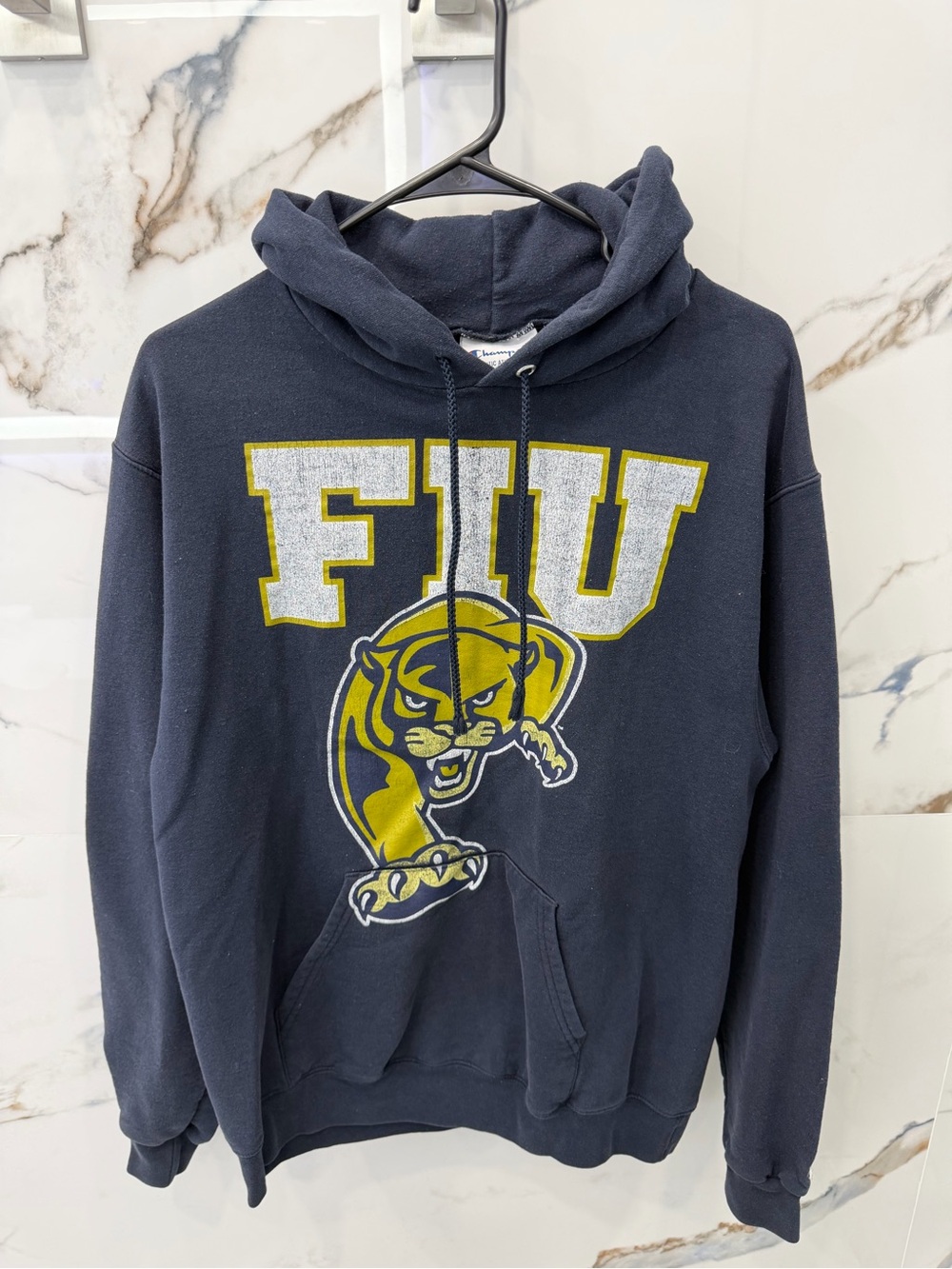 Champion Navy Pullover Hoodie with Yellow & White FIU Graphic